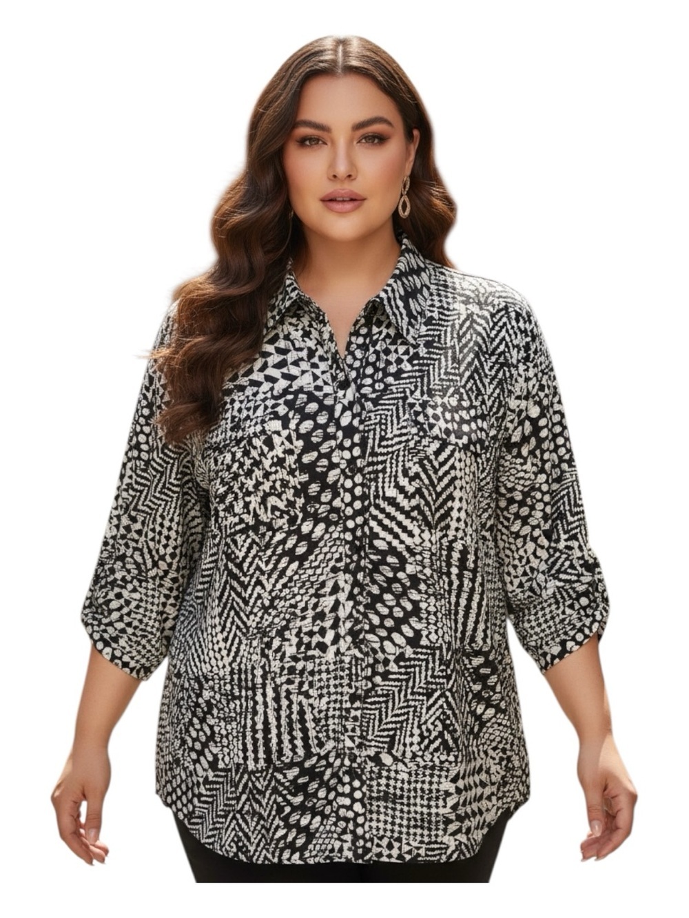 Plus Size 1X Kim Rogers Black and White Printed Button-Front Blouse